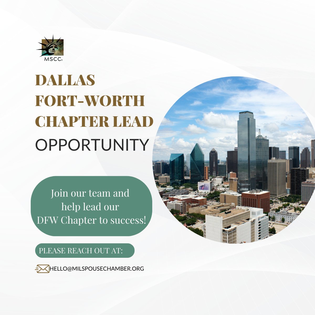 Are you ready to lead the way? Our DFW chapter is seeking a passionate and driven individual to fill our Chapter lead position.
Join our team and make a real difference in our community.

Please reach out to us: at hello@milspouse@chamber.org