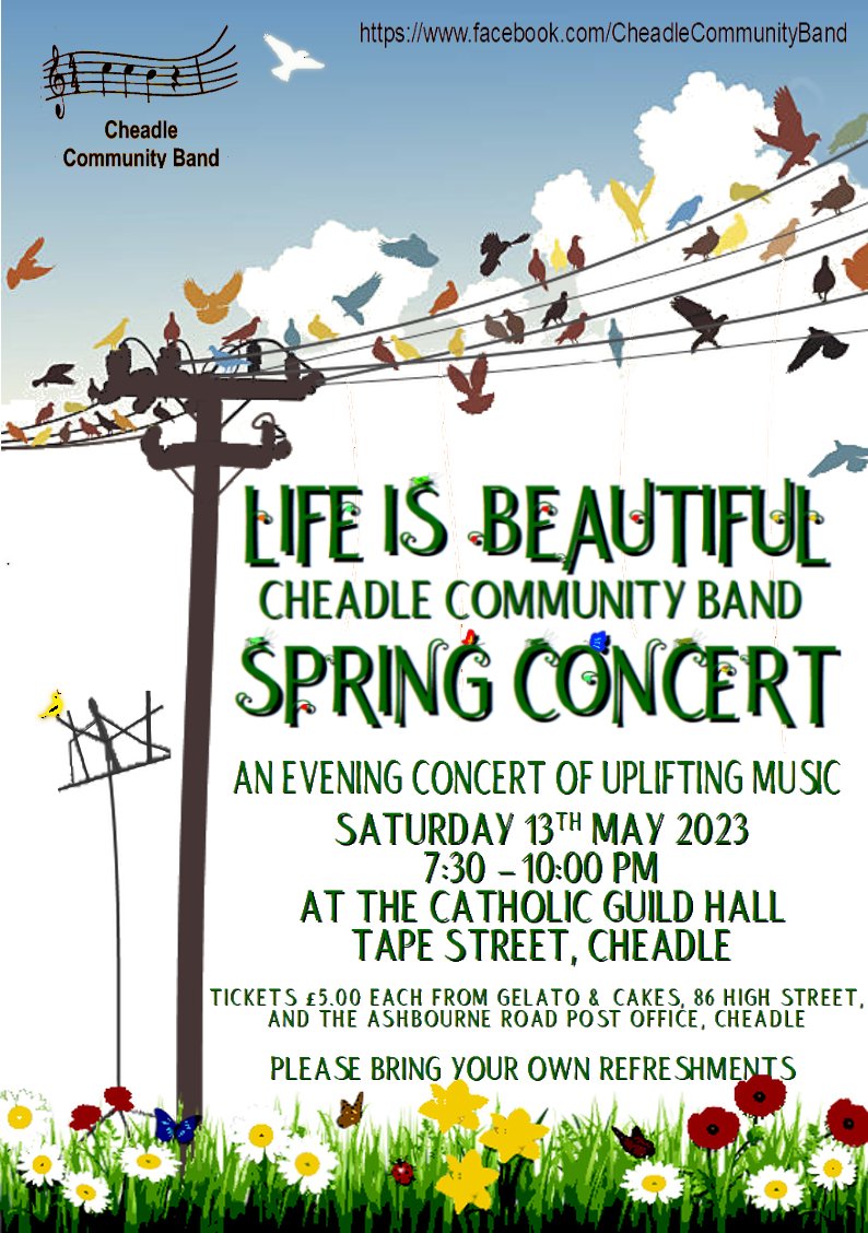 Cheadleband's tweet photo. It's Spring Concert time! Cheadle Community Band are proud to present our annual concert of uplifting music! It promises to be a fantastic evening with something for every musical taste. Come along, relax and take in our musical banquet of toe-tapping treats 🎼🎵🎶🎹🎻🎷🎺🥁 https://t.co/OqRBc8AoWd