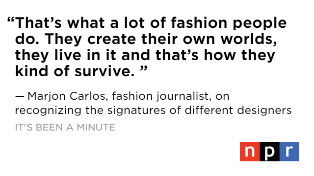 It's Been A Minute (@npritsbeenamin) on Twitter photo .<a href="/Marjon_Carlos/">Marjon Carlos</a> says that for the fashion industry’s titans, a signature look is a uniform worn like a suit of armor - think Chanel’s pearls, or Karl’s gloves!
Listen to her chat with <a href="/bmluse/">Brittany Luse</a>⬇️: bit.ly/3NAPLSb .<a href="/Marjon_Carlos/">Marjon Carlos</a> says that for the fashion industry’s titans, a signature look is a uniform worn like a suit of armor - think Chanel’s pearls, or Karl’s gloves!
Listen to her chat with <a href="/bmluse/">Brittany Luse</a>⬇️: bit.ly/3NAPLSb