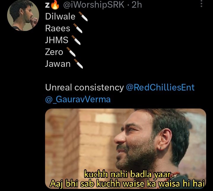 Radhe71738107's tweet photo. Dilwale #Flop
Raees #Semihit
JHMS #Flop
Zero #Disaster
To matlab 🥺🥺
#Jawan ke L lagne vale hai kyaa
Epic disaster 🤣🤣🤣
@iWorshipSRK https://t.co/xxYQrZhEVT