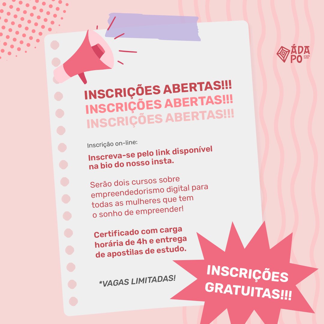projetoadapo's tweet photo. Curso de empreendedorismo GRÁTIS para mulheres da comunidade do Angelim com foco em mídias sociais e gestão/finanças. Vagas limitadas. Apostila e certificado de 4h. Não perca a chance de desenvolver suas habilidades e transformar seu negócio! #empreendedorismo #mulheres #angelim https://t.co/C2QVdLdxqQ
