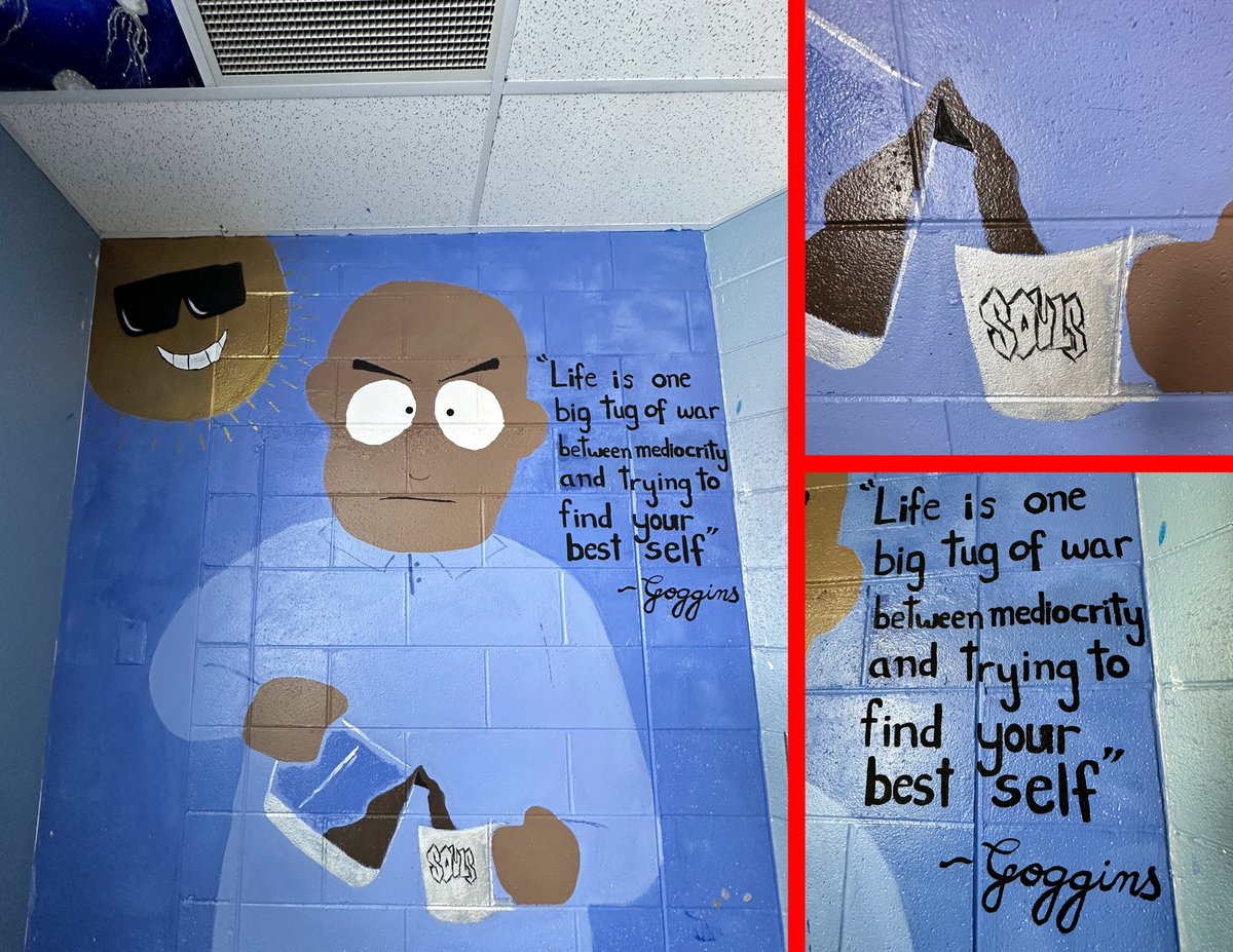 thewolf1111's tweet photo. Had some students do a mural for me of @davidgoggins and they went with a South Park vibe for it. Hoping I can get him to come talk to my students and sign it! https://t.co/QR6gACwwFi