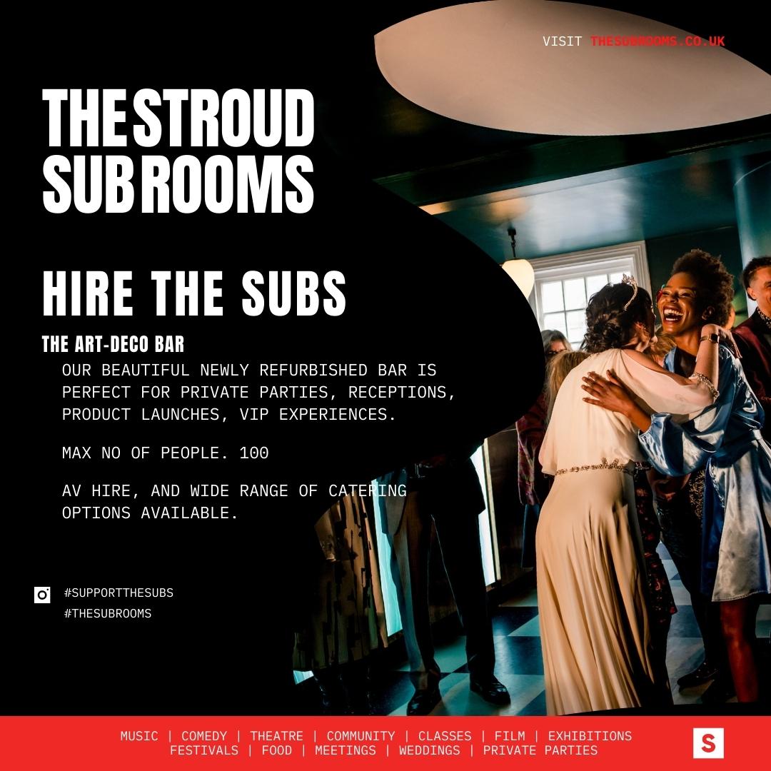 The Sub Rooms (@stroud_sub) on Twitter photo Our beautiful Art Deco bar is perfect for smaller functions with a capacity of 100 people + we offer catering! Get in touch with us to discuss your event further via roomhire@thesubrooms.co.uk 🎈🥂 Our beautiful Art Deco bar is perfect for smaller functions with a capacity of 100 people + we offer catering! Get in touch with us to discuss your event further via roomhire@thesubrooms.co.uk 🎈🥂