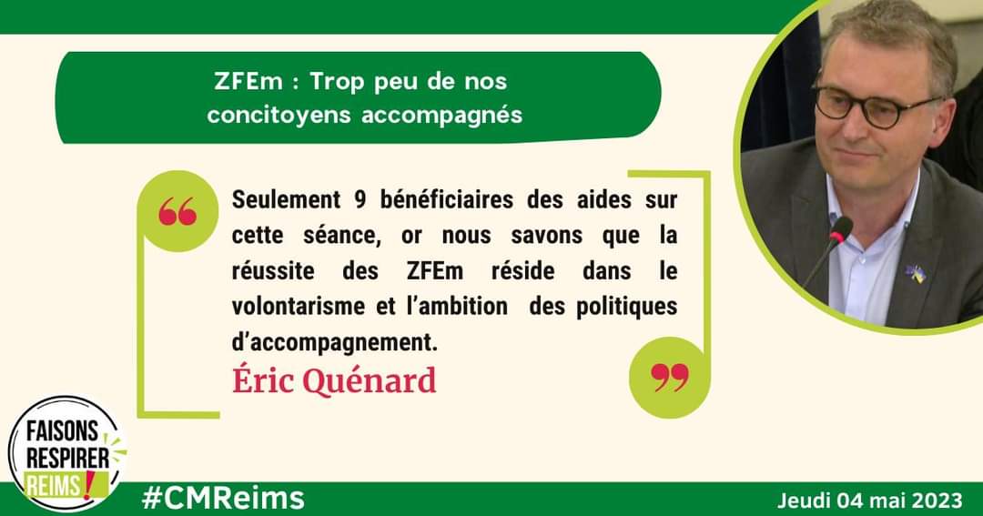 FaisonsReims's tweet photo. Une nouvelle fois, lors du #CMReims de ce jeudi 04 mai, @EricQUENARD a fait le constat du faible nombre de dossiers d'aide étudiés dans le cadre de la #ZFEm.
Retrouvez son intervention sur la page https://t.co/PpGFF0SKmM
#Reims https://t.co/e01YoeRP69