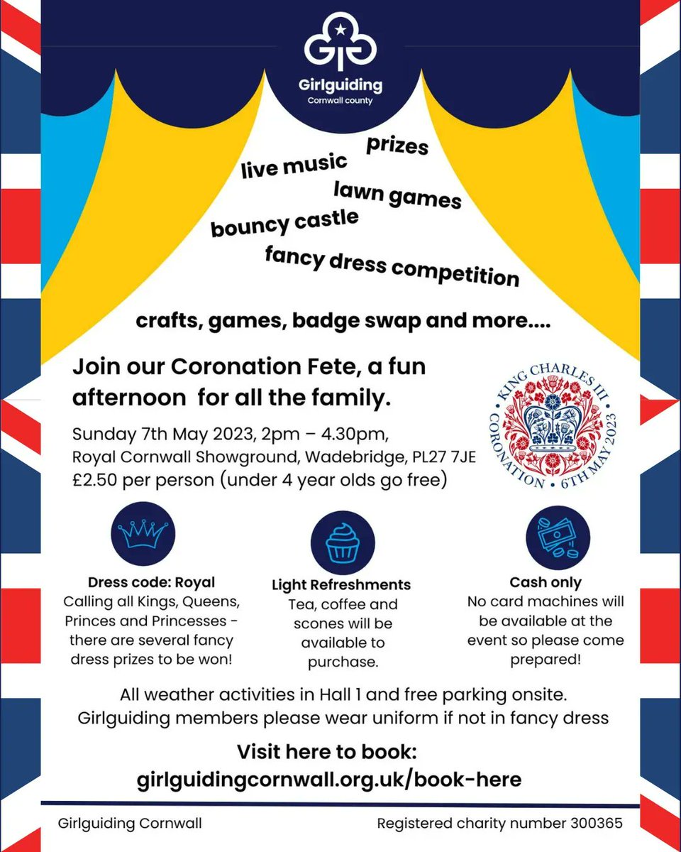 Join Girlguiding Cornwall to celebrate the King's Coronation! 
Music from <a href="/Bodmin/">Ray Foote</a> Town Band  Royal fancy dress competition, lawn games, archery, bouncy castle, photo frame, tombola, refreshments and free parking. 
Book your tickets here 👉
buff.ly/4162QWE