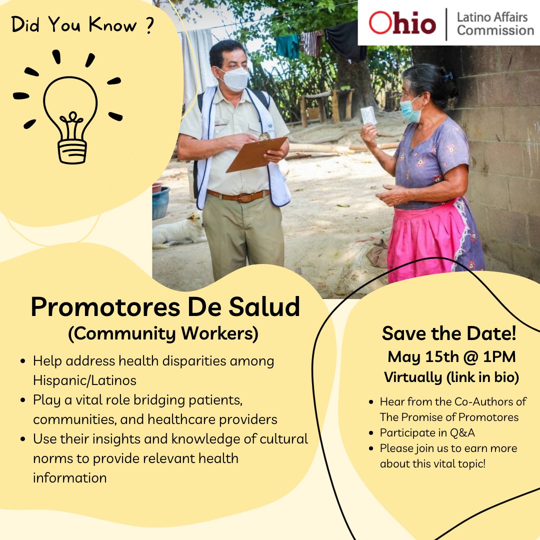 To learn more about Promotores de Salud, save the date for May 15th @ 1PM to virtually join the co-authors of The Promise of Promotores: Building Behavioral Health Equity in the Latino Community discuss this topic in more detail. 

eventbrite.com/e/the-promise-…