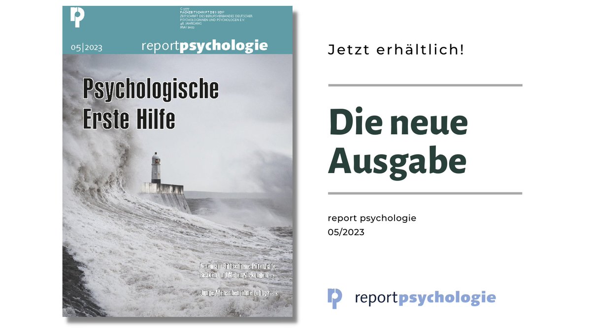 Heute ist die neue Ausgabe des Report Psychologie erschienen. Das Heft widmet sich dem Schwerpunktthema „Psychologische Erste Hilfe“. Jetzt bestellen: psychologenverlag.de/Produkte/dCatI…