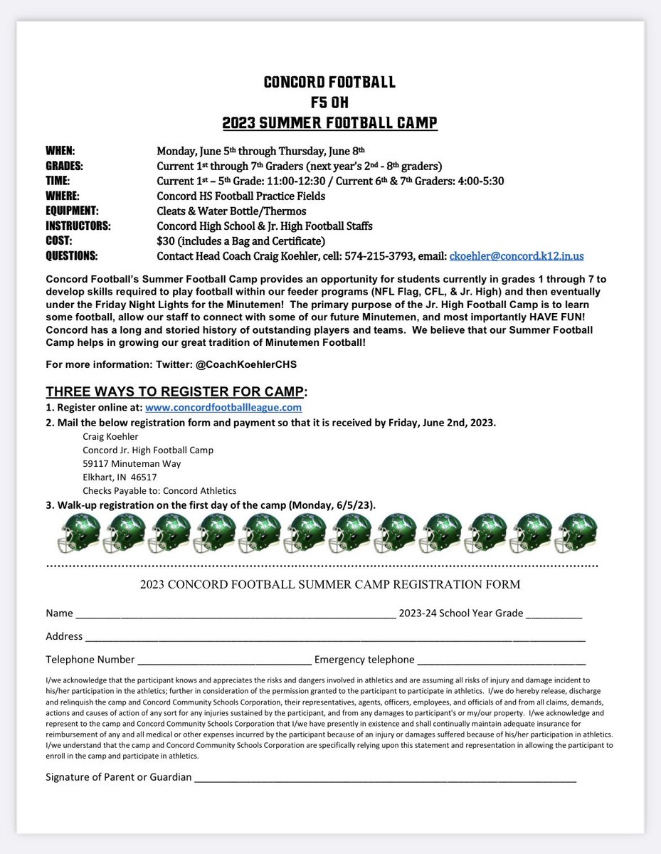 We are excited to announce our 2023 Summer Football Camp for any current 1st-7th grader!  
*M 6/5-Th 6/8
*Concord HS Practice Fields
*Current 1st-5th grade: 11:00-12:30
*Current 6th &amp; 7th grade: 4:00-5:30

Download the camp form and/or register at: concordfootballleague.com

#F5OH