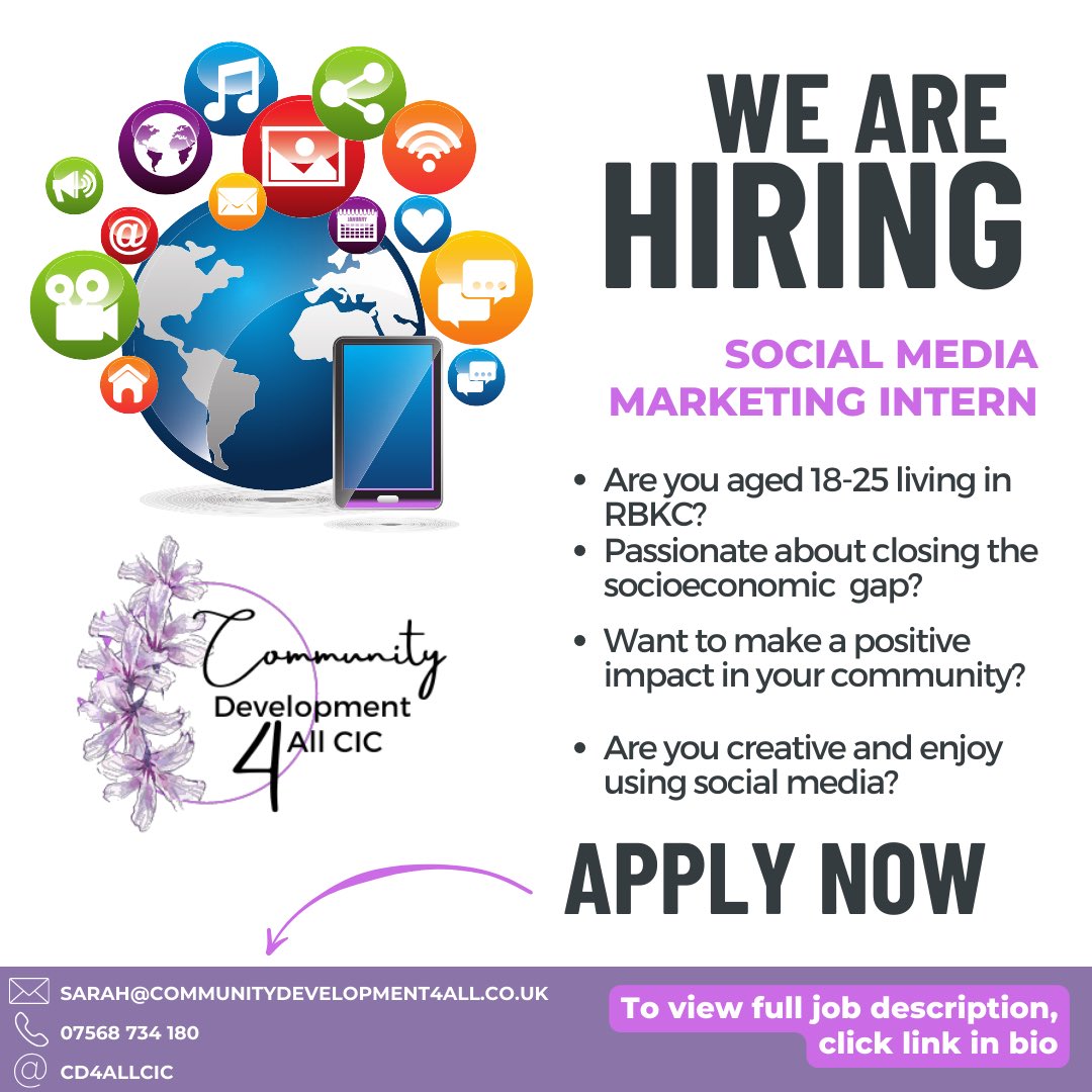 ⚠️Attention young change-makers!⚠️ 
We are looking for you! 🫵 

Build your work experience and make a difference in your community with <a href="/CD4ALLCIC/">Community Development 4 All CIC</a> 

Full JD: communityprojects4all.org.uk/opportunities

#socialmediamarketing #internship #community #youngprofessionals #rbkc #northkensington