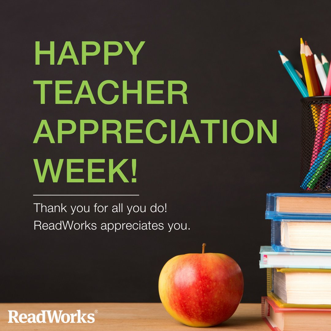 ReadWorks's tweet photo. Happy #TeacherAppreciationWeek! The ReadWorks team thanks you for the care you give and the inspiration you spark every day 🍎✏️
•
#education #teachers #pd #edpd #edtech #ela #ell #elachat #k12 #reading #readingpassages #teacherappreciationday #teacherappreciation https://t.co/GSEyJCk1bk