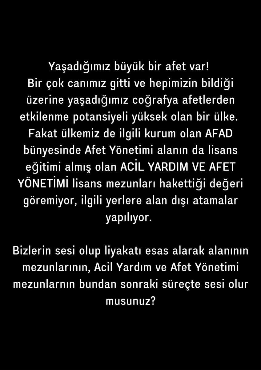 Acil Yardım ve Afet Yönetimi mezunları olarak sizlerden bir isteğimiz var

Afet Yönetiminde Liyakat İstiyoruz! 
Gençlerin sesi olur musunuz?
<a href="/meral_aksener/">Meral Akşener</a>
@esmabekar2
<a href="/sedataksakallii/">Sedat Aksakallı</a>
<a href="/MDervisogluTR/">Müsavat Dervişoğlu</a>
<a href="/zorlu77/">Prof.Dr.Kürşad ZORLU</a>
<a href="/sedataksakallii/">Sedat Aksakallı</a>
<a href="/beyaz_ersin/">Ersin Beyaz</a> 
<a href="/UGUR__POYRAZ/">UĞUR POYRAZ</a> 
<a href="/Turhan_Comez/">Turhan Çömez / Siyaset</a>
<a href="/iyiphaber/">İYİ Haber</a>