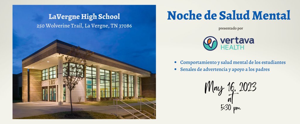 rucoschools's tweet photo. The free mental health night that was postponed earlier this year because of weather has been rescheduled. 

It will now be held May 16 at LaVergne High School. All Rutherford County parents are welcome! https://t.co/v2Al4wOnWO