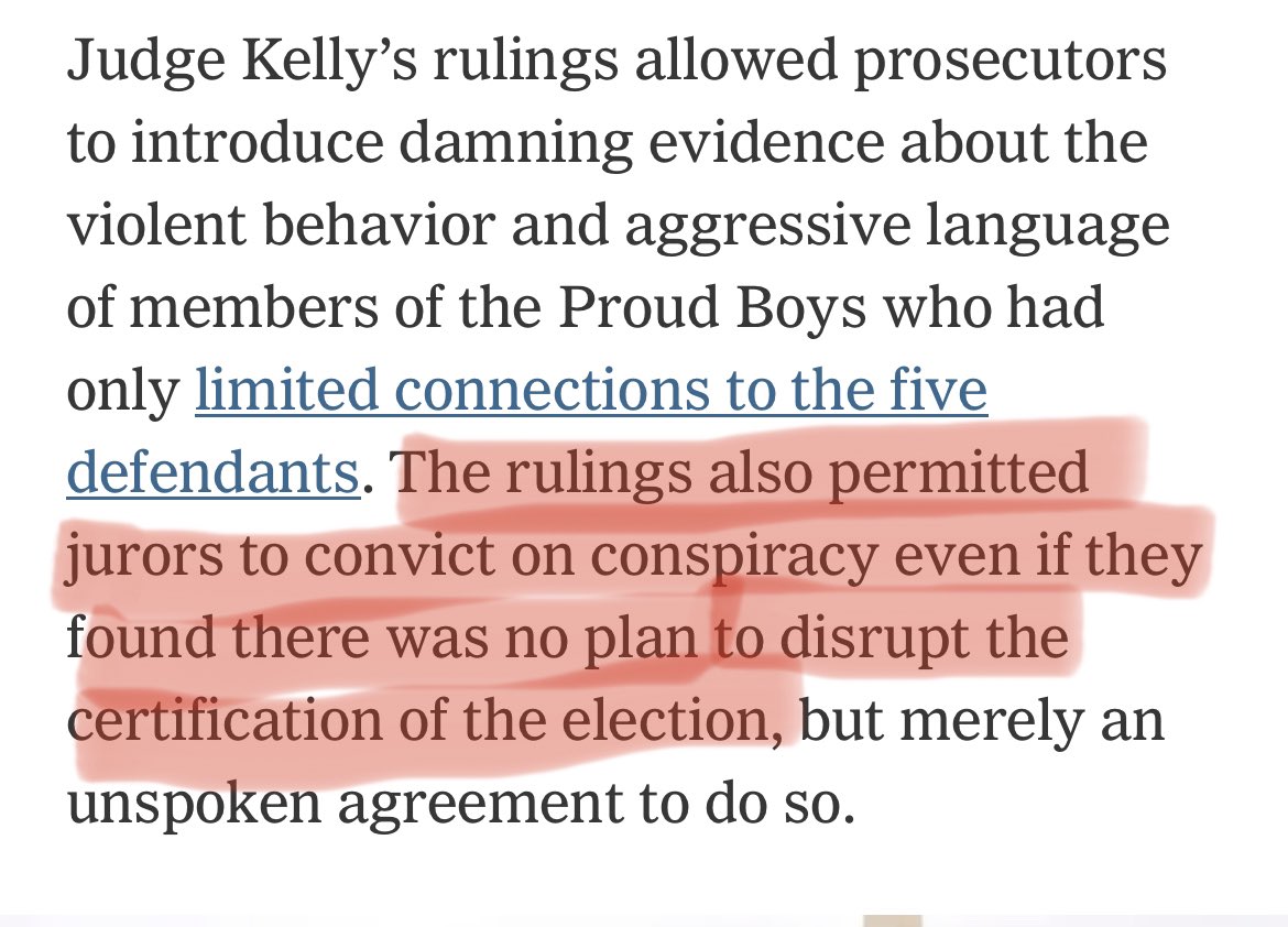 HarrisonHSmith's tweet photo. Proud Boys convicted of conspiracy, even though by the court’s own admission:

1. There was no plan to storm the capital
2. There was no plan to stop the certification 
3. One of the defendants was in prison in a different city at the time

Convicted for an “UNSPOKEN” conspiracy.

Using statements made by people who didn’t even know the defendants.

What. The. Fuck.