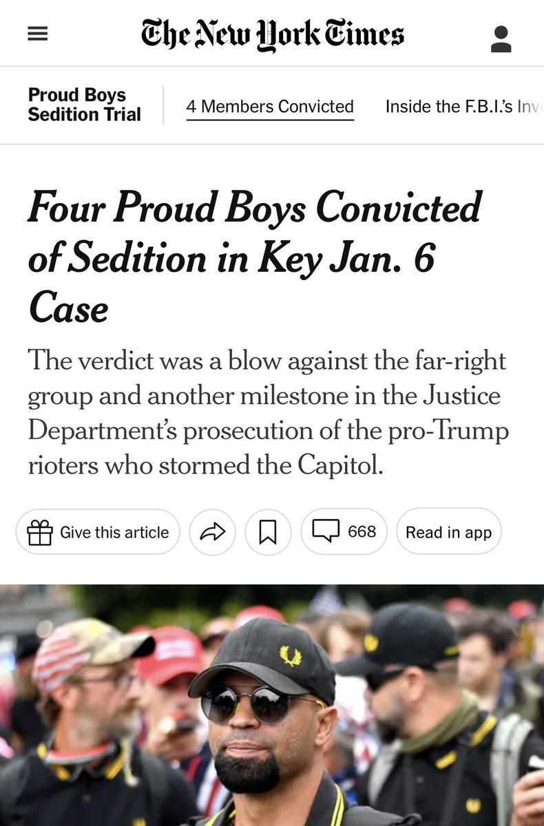 HarrisonHSmith's tweet photo. Proud Boys convicted of conspiracy, even though by the court’s own admission:

1. There was no plan to storm the capital
2. There was no plan to stop the certification 
3. One of the defendants was in prison in a different city at the time

Convicted for an “UNSPOKEN” conspiracy.

Using statements made by people who didn’t even know the defendants.

What. The. Fuck.