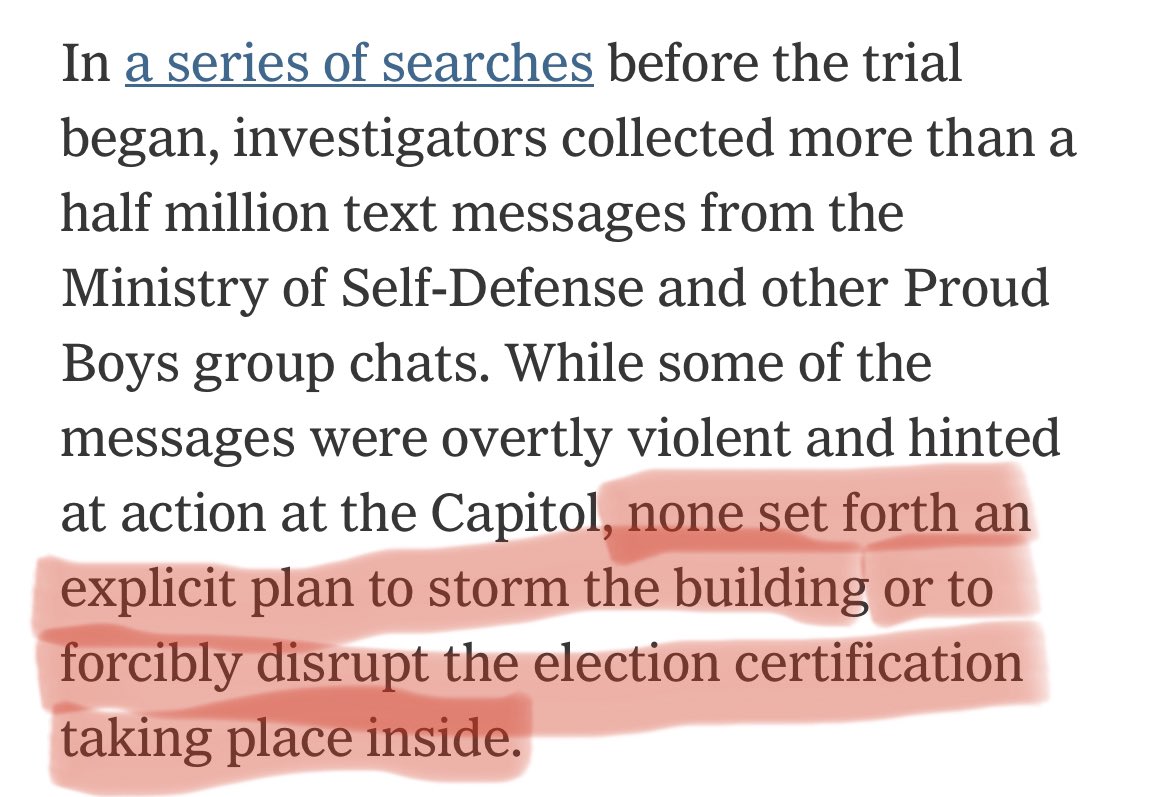 HarrisonHSmith's tweet photo. Proud Boys convicted of conspiracy, even though by the court’s own admission:

1. There was no plan to storm the capital
2. There was no plan to stop the certification 
3. One of the defendants was in prison in a different city at the time

Convicted for an “UNSPOKEN” conspiracy.

Using statements made by people who didn’t even know the defendants.

What. The. Fuck.