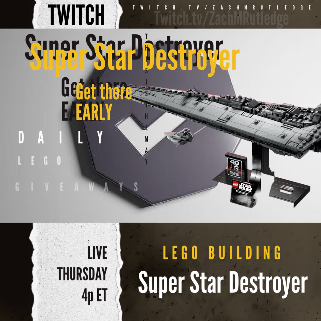 #starwars Fans! Happy #MayThe4th 

Building the new  <a href="/LEGO_Group/">LEGO</a> Super Star Destroyer live on <a href="/Twitch/">Twitch</a>  at 4p ET.

Not feeling well so not going long today. Don’t want to miss out on points and the #Lego giveaway! 

50 Retweets = doubles prize!

Twitch.tv/ZachMRutledge