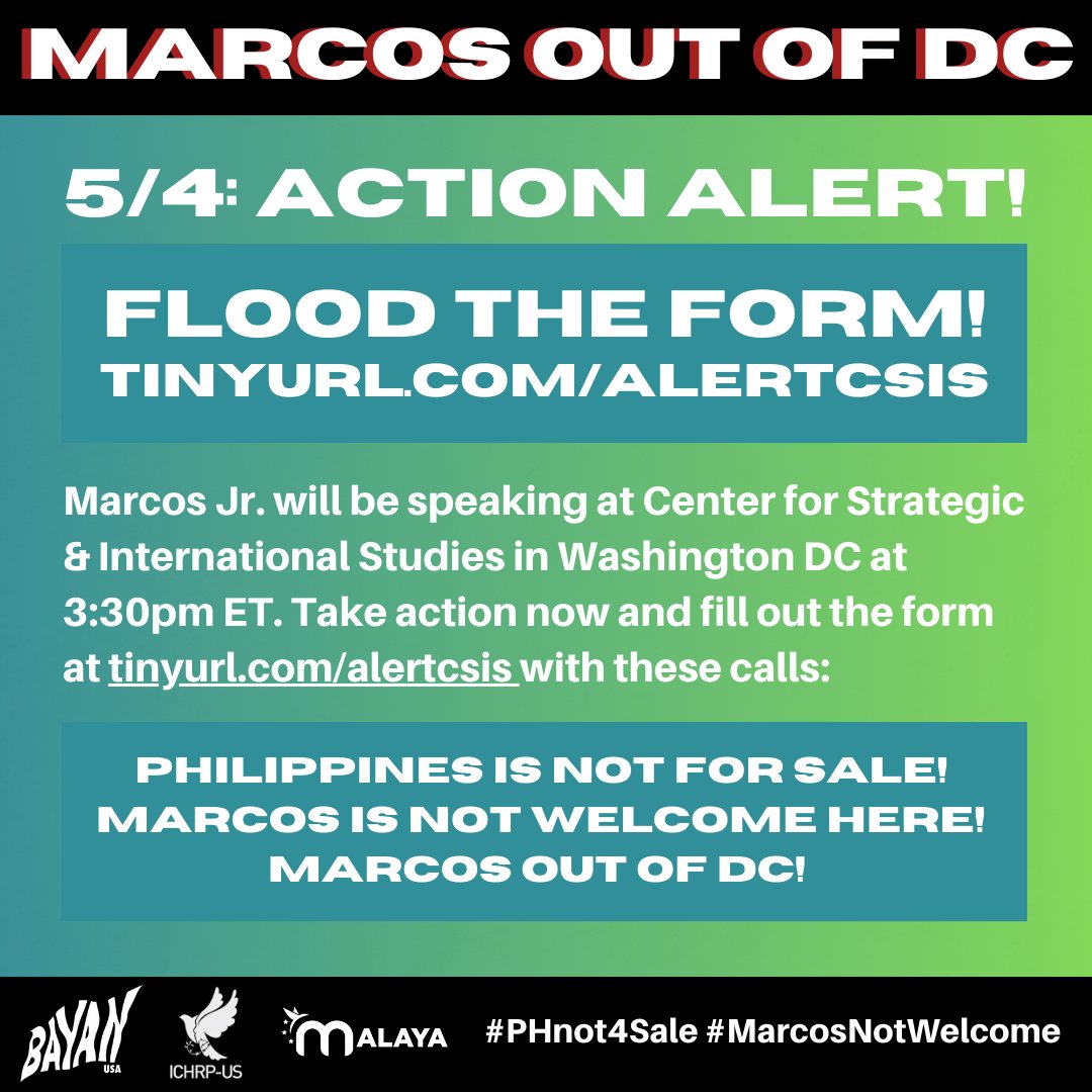 malaya_movement's tweet photo. You can also flood the form at https://t.co/E8JEj1cOCq!
Philippines is not for sale!
Marcos is not welcome here!
Marcos out of DC!
#PHnot4Sale #MarcosNotWelcome #MarcosOutofDC https://t.co/6ynHfc4Y2M