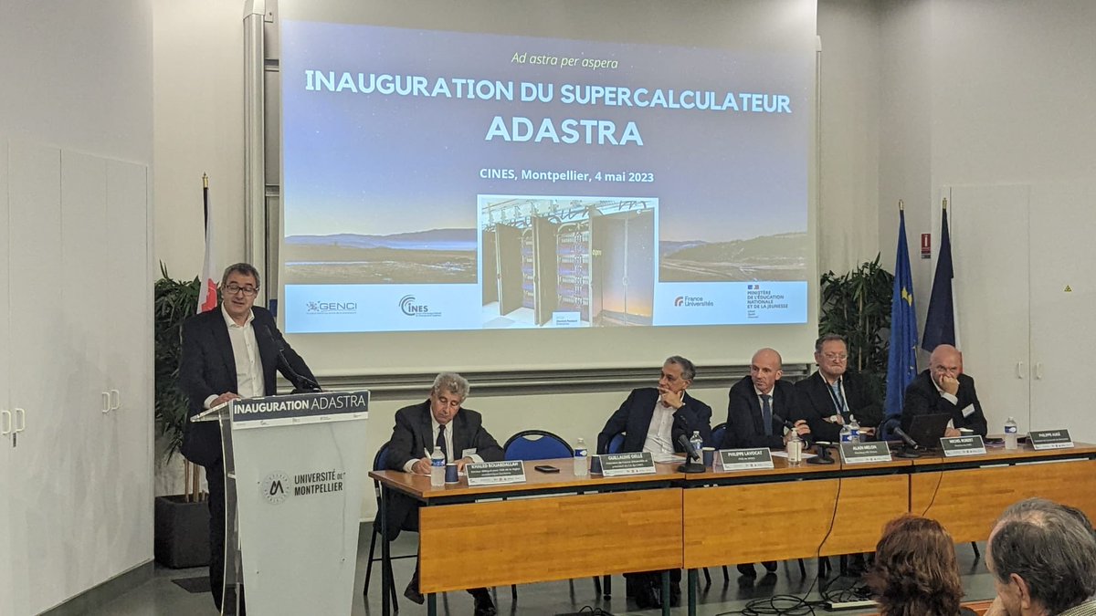 GuillaumeGelle's tweet photo. 1/2 : Très heureux de participer aujourd’hui à l’inauguration d’#Adastra au @CINES_FRANCE , une des machines HPC les plus performantes  du monde. (Re)devenir une grande Nation scientifique nécessite d’investir dans des infrastructures de premier plan! 👏👏👏 https://t.co/i3mIoUPaAu