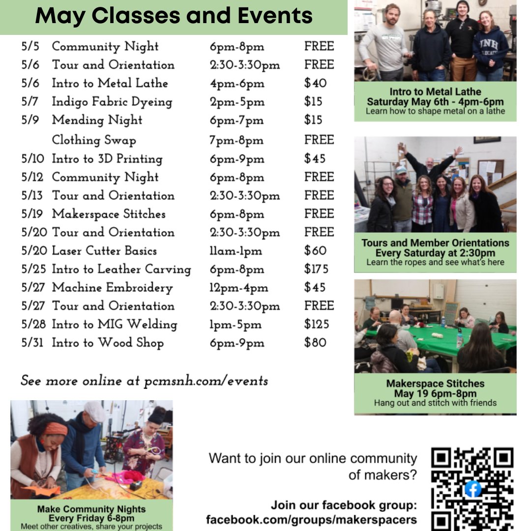 PortCityMakers's tweet photo. Here is our upcoming list of classes and events! Sign up via the link in our bio or go to https://t.co/byd86sEEuu

We welcome all folks to come to our free Community Nights on Fridays! No registration needed, come by and meet other makers. https://t.co/hUCXcuf8xg