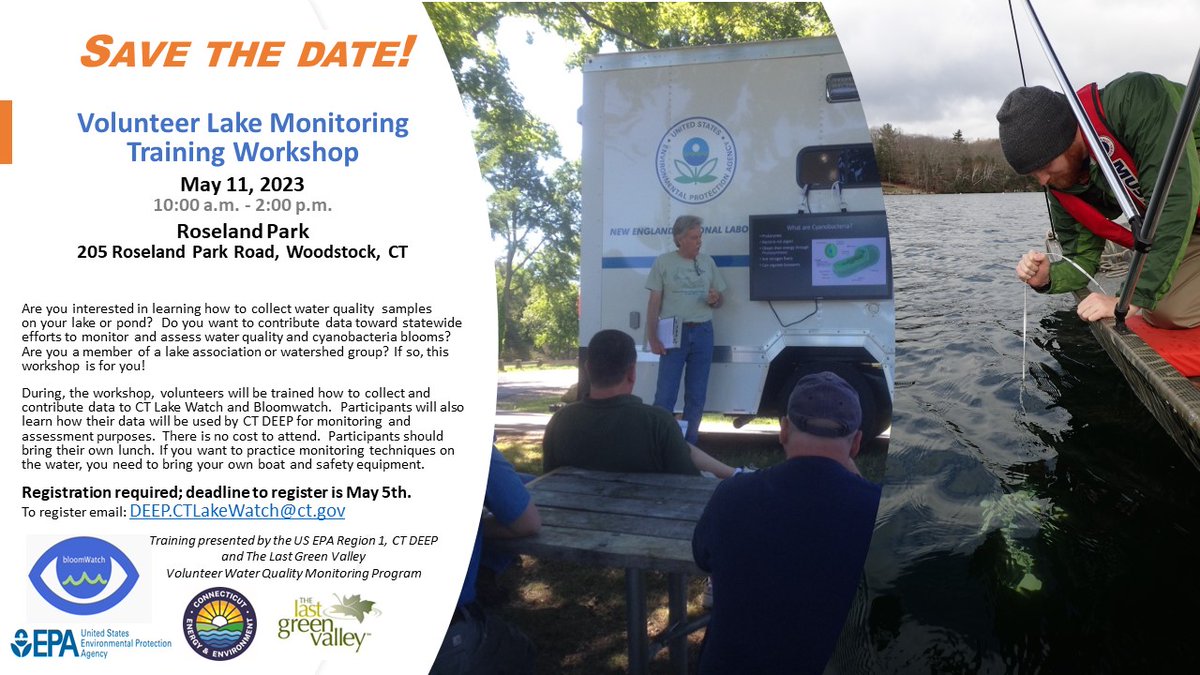 Do you love your lake or pond and want to actively help protect it? Register for this workshop. It's free. To get on the water to practice you'll need to bring your own boat and safety equipment. Registration required by May. Email: DEEP.CTLakeWatch@ct.gov