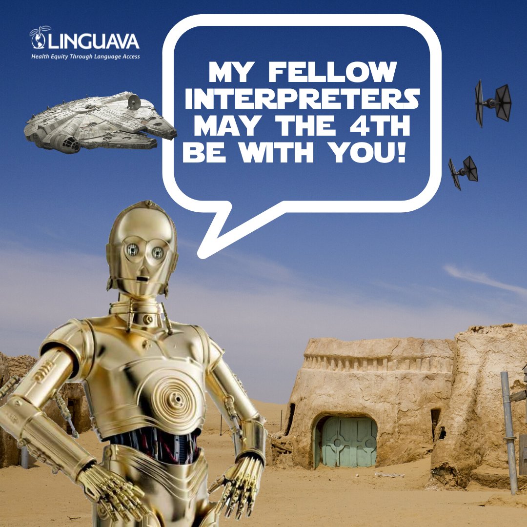 Linguavanation's tweet photo. 👋 Greetings, friends! As a protocol droid, I appreciate interpreters who bridge communication gaps between species. On this #MayThe4th, let's honor them for maintaining peace and understanding in the galaxy. 🤖💬 #StarWars #InterpretersDay https://t.co/M65FeAhxh2