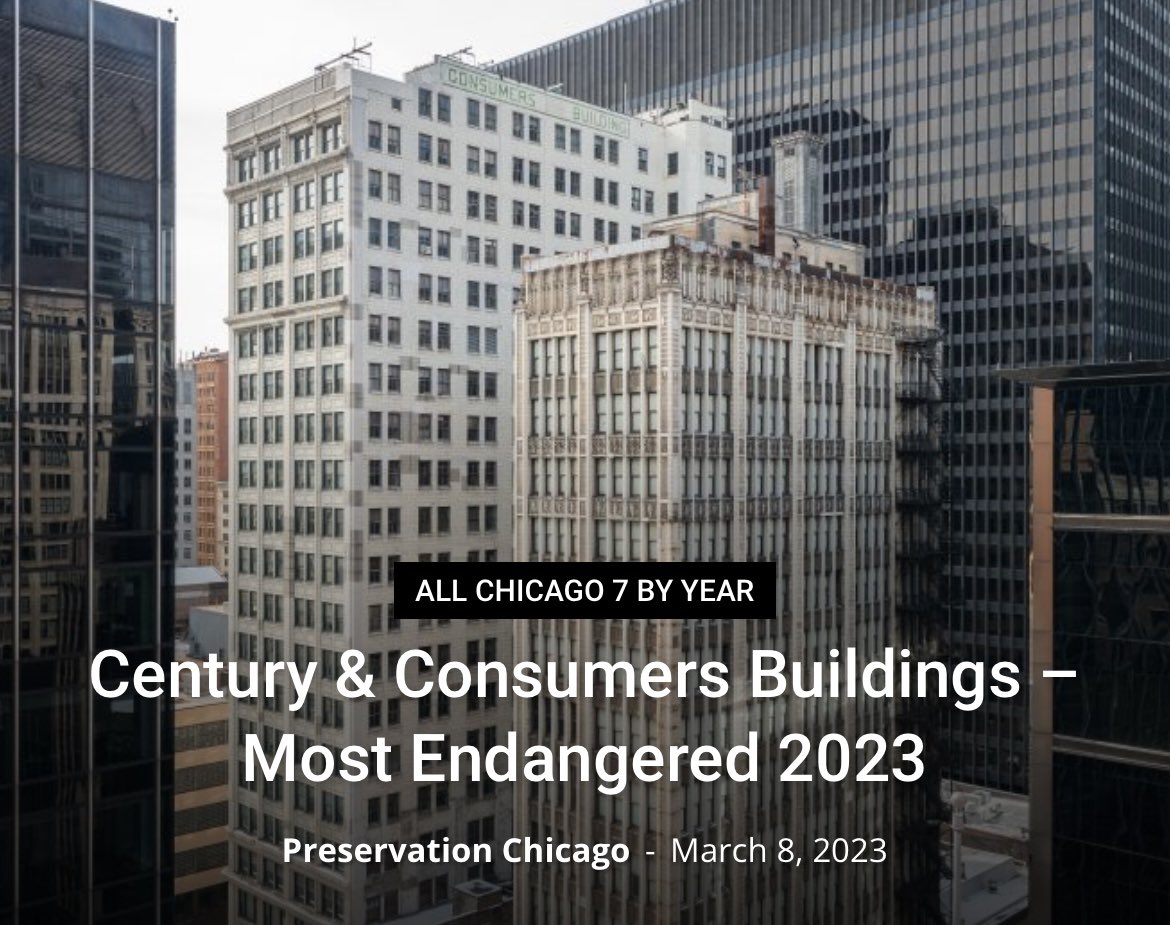 May is #PreservationMonth 🤍

𝘛𝘩𝘦 𝘊𝘦𝘯𝘵𝘶𝘳𝘺 𝘉𝘶𝘪𝘭𝘥𝘪𝘯𝘨 | 𝘛𝘩𝘦 𝘊𝘰𝘯𝘴𝘶𝘮𝘦𝘳𝘴 𝘉𝘶𝘪𝘭𝘥𝘪𝘯𝘨
1915 | 1913 Loop
Style:  The Chicago School

One of Preservation #Chicago's 7 most endangered buildings of 2023 🔗: preservationchicago.org/century-consum…