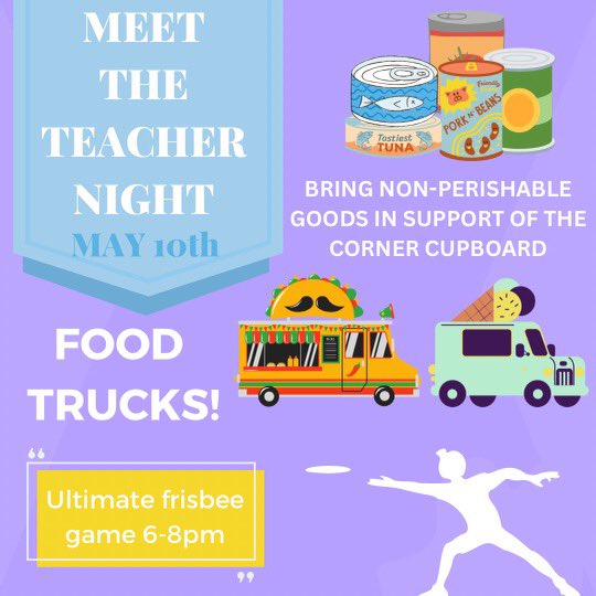 May 10th
Meet the Teacher 4-6
Ultimate Frisbee Game 6-8
Food Trucks 4-8