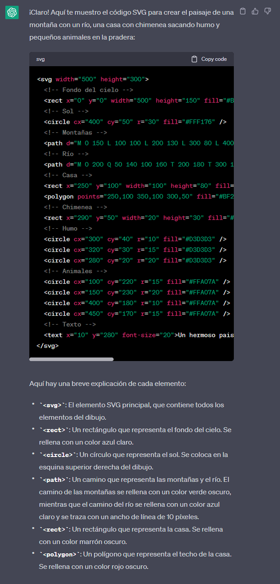 charliere's tweet photo. Es interesante, en este pequeño ejemplo la inteligencia artificial logro plasmar los elementos requeridos utilizando codigo SVG.  Recuerden que no esta entrenada para crear imágenes de la forma de Mijourney, Stable Diffusion, etc.  Que más podrá hacer #ChatGPT https://t.co/EmDbPcTbyx