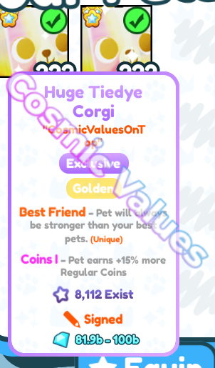 Pet Simulator X - Signed Golden Huge Tiedye Corgi giveaway! (2x winners) To enter: 1. Follow @CosmicValues 2. Like & Retweet 3. Comment your username 🎉Winners will be announced in 48 hours! #PetSimulatorX #PetSimX #Giveaway