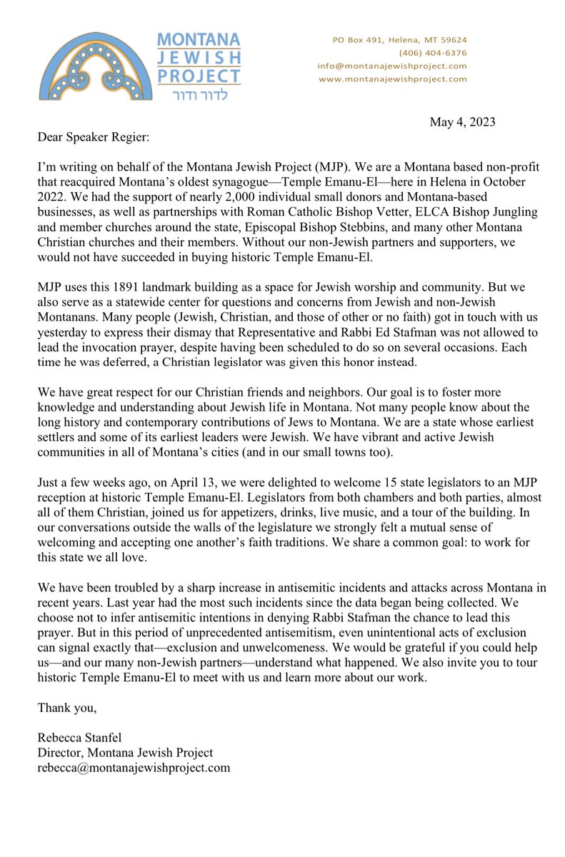 MTJewishProject's tweet photo. This is MJP’s open letter to Speaker Regier. If you have your own questions or concerns about this issue, we urge you to contact Speaker Regier (matt.regier@legmt.gov). Thanks! https://t.co/HAtx9khXiU