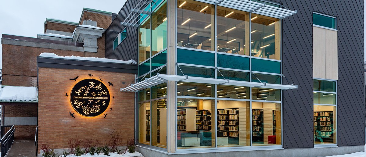 UnicelArch's tweet photo. Our timber curtain wall installation at the Gaston-Miron library in Quebec’s Sainte-Agathe-des-Monts has been featured in @AECinfo! The load-bearing, THERM+ H-I 76 curtain wall uses double thermal glazing alongside spruce-pine-fir glulam. https://t.co/bDYDUBaZlw https://t.co/uHpG2ljLrZ