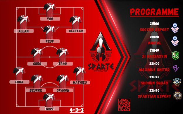 Sparte FC (@spartefc) on Twitter photo Nos 11 Spartiates du soir :
@Hulk_Champions
🆚️ <a href="/ProdBelka/">belka-dz</a>
@French_League_
🆚️ Maximus United
<a href="/BDX_CHAMPIONS/">⚽️ BDX CHAMPION’S ⚽️</a> (Cup)
🆚️ @shogun_squad
@AVPAFR
🆚️ <a href="/SpartianeSport/">Spartian eSport</a>
Bon match à tous ! 🔴⚫⚔ Nos 11 Spartiates du soir :
@Hulk_Champions
🆚️ <a href="/ProdBelka/">belka-dz</a>
@French_League_
🆚️ Maximus United
<a href="/BDX_CHAMPIONS/">⚽️ BDX CHAMPION’S ⚽️</a> (Cup)
🆚️ @shogun_squad
@AVPAFR
🆚️ <a href="/SpartianeSport/">Spartian eSport</a>
Bon match à tous ! 🔴⚫⚔