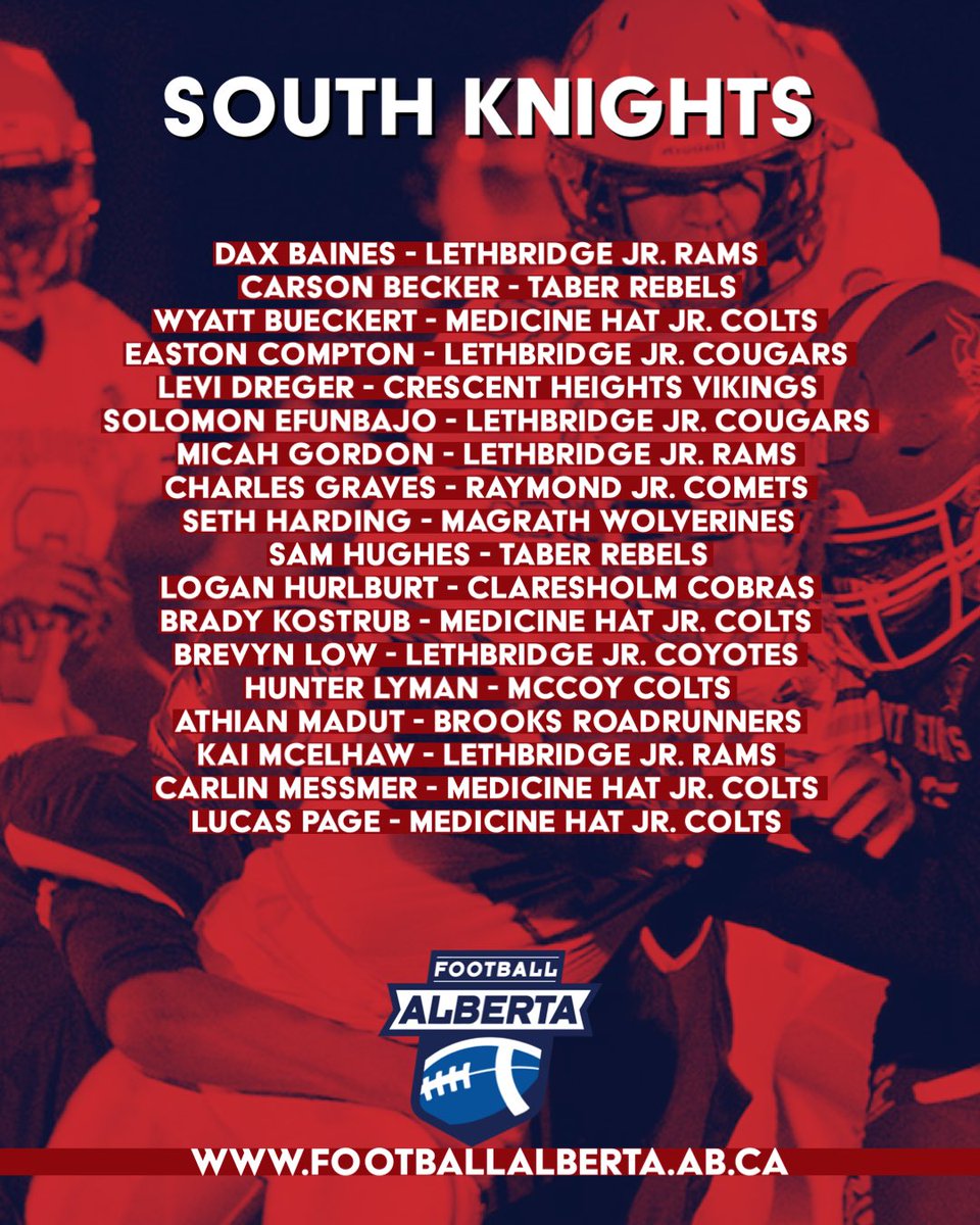 FootballAlberta's tweet photo. Congratulations to all the athletes who have made it to the final South Knights team. Thank you to all our coaches for the evaluation and selection process. Stay tuned for more information!
🏈🏈
#football #footballalberta #u16 #southselectioncamps #finalteam #albertasouth https://t.co/kZCUFxSQDZ
