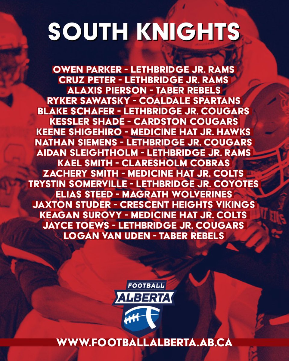 FootballAlberta's tweet photo. Congratulations to all the athletes who have made it to the final South Knights team. Thank you to all our coaches for the evaluation and selection process. Stay tuned for more information!
🏈🏈
#football #footballalberta #u16 #southselectioncamps #finalteam #albertasouth https://t.co/kZCUFxSQDZ