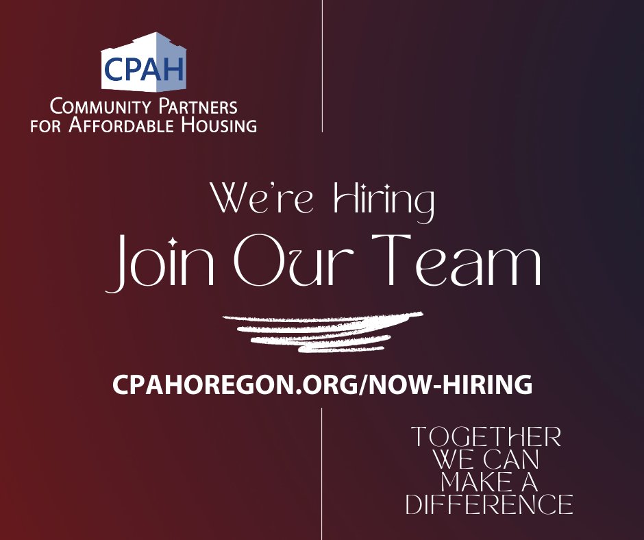 CPAH is #hiring!  Join us - we have 2 positions open.  Check the link for details: cpahoregon.org/now-hiring/

#AffordableHousing #CPAH #cpahoregon #Oregon #portlandoregon #washingtoncountyoregon #nowhiring #nowhiring2023 #joinourteam #Joinourteamnow #nonprofit #nonprofitjobs
