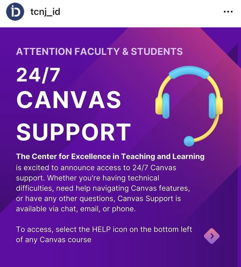 TcnjItconnect's tweet photo. Our friends in TCNJ Instructional Design are thrilled to announce expanded support for Canvas.  

We are excited to announce 24/7 Canvas support available via chat, email, or phone. To access, select the HELP icon on the bottom left of any Canvas course. #tcnjtoday #tcnjcetl https://t.co/EdXOTx9f0p