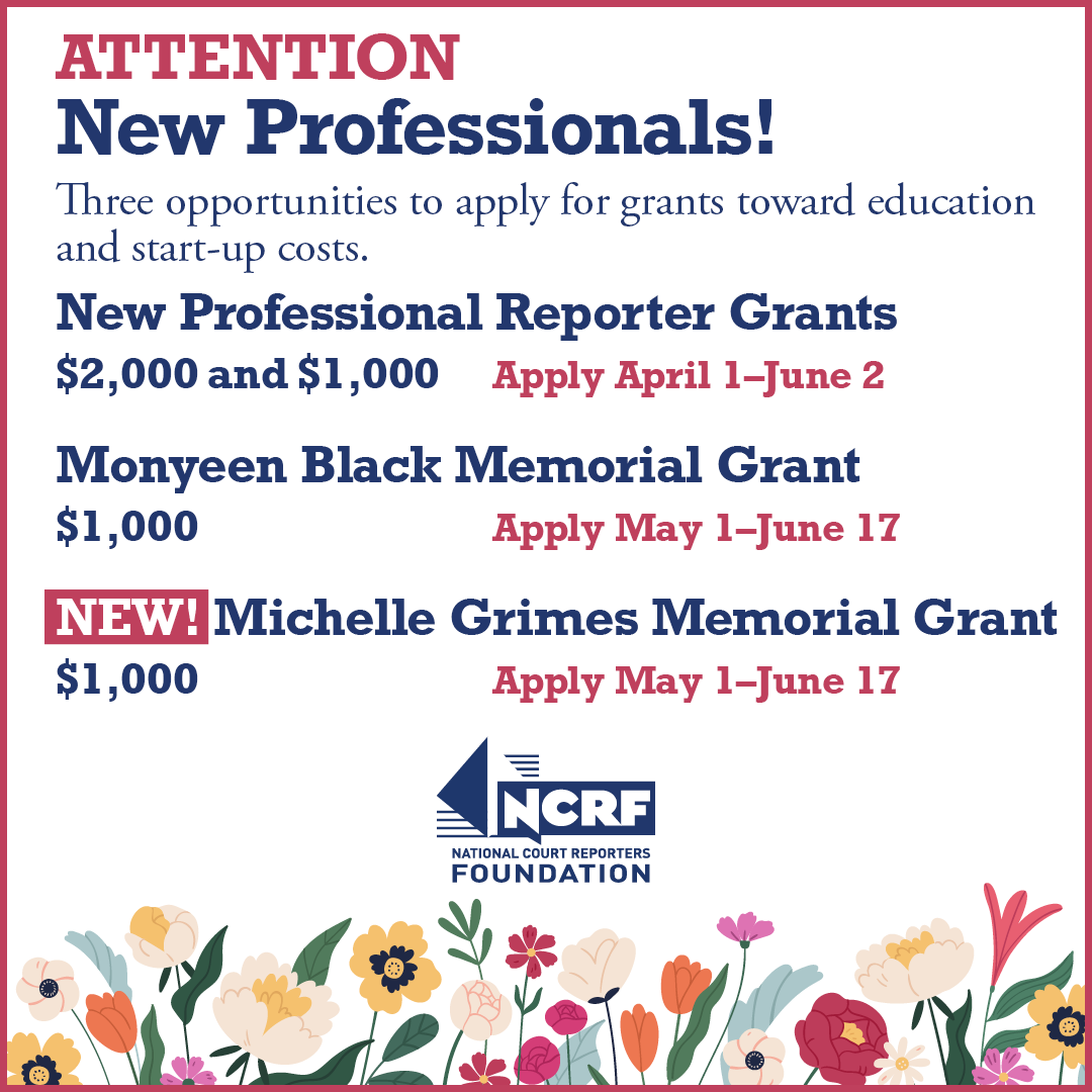 NCRA's tweet photo. Applications are now being accepted for two $1,000 grants being offered through the National Court Reporters Foundation. For additional information about these and other scholarships grants, contact Jill Parker Landsman at jlandsman@ncra.org. โก๏ธ https://t.co/0QDATQwwV6 https://t.co/PE4H0XptJh