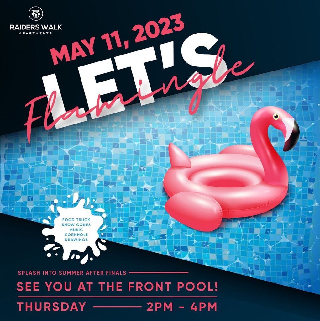 RaidersWalk's tweet photo. Join us at the front pool May 11th from 
2-4pm for some fun in the sun!☀️
Food trucks, snow cones, music, cornhole and drawings await!
🦩🍧👙 https://t.co/bjzjdCT8ir https://t.co/ojG419uKoY