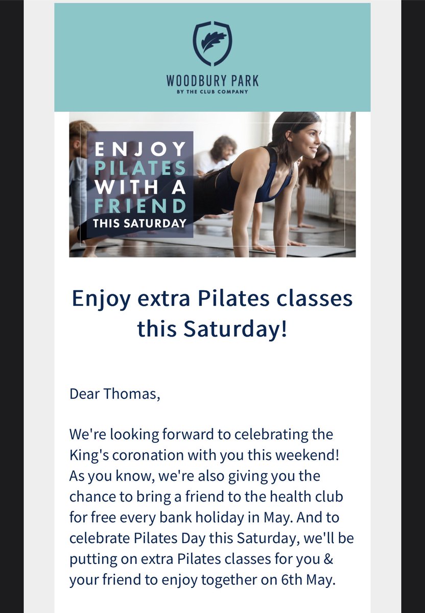 tomtomshep's tweet photo. @robertsimms To celebrate the coronation, my gym @woodburypark01 is offering extra pilates classes. https://t.co/SYxPLrHLHh
