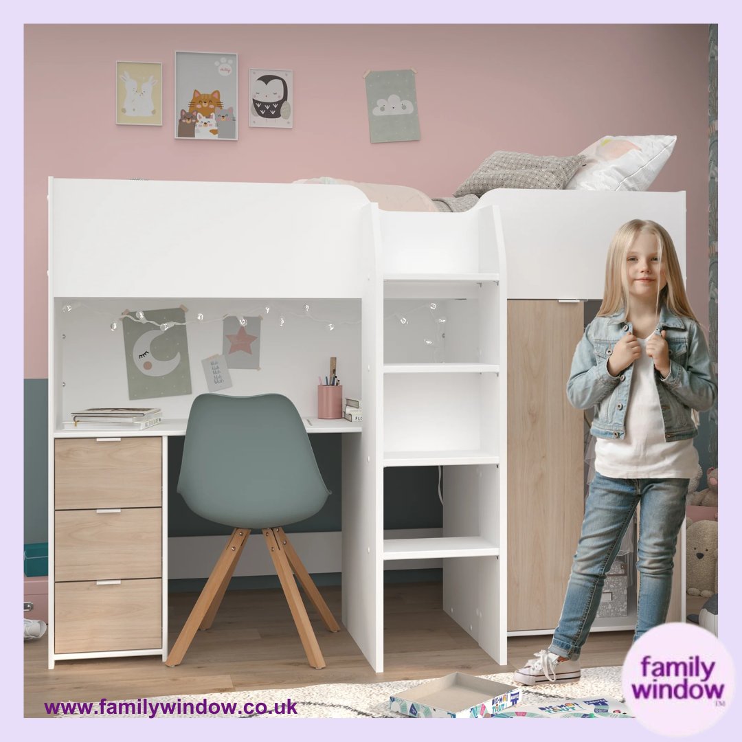 How lovely is this Tom low-high sleeper bed with a wardrobe, drawers, and a desk.

This type of bed works great if you have a compact space to fit furniture.

For more details, visit: familywindow.co.uk

#familywindowuk #kidsbeds #interiordesign #kidsfurniture
