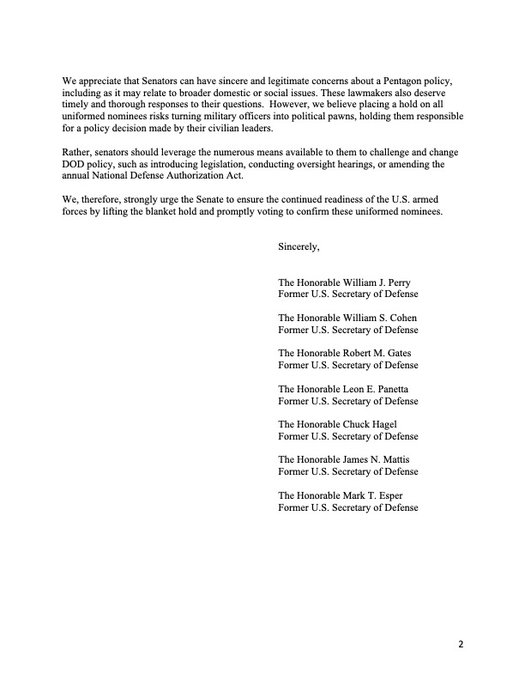 Page 2 of the letter signed by seven former Secretaries of Defense regarding the harmful impact caused by Senator Tuberville's blanket hold on nominations of senior military leaders.