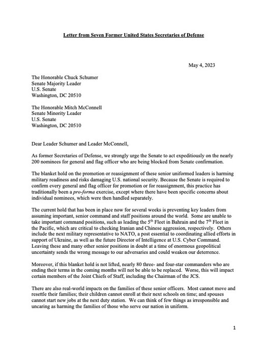 Page 1 of the letter signed by seven former Secretaries of Defense regarding the harmful impact caused by Senator Tuberville's blanket hold on nominations of senior military leaders.