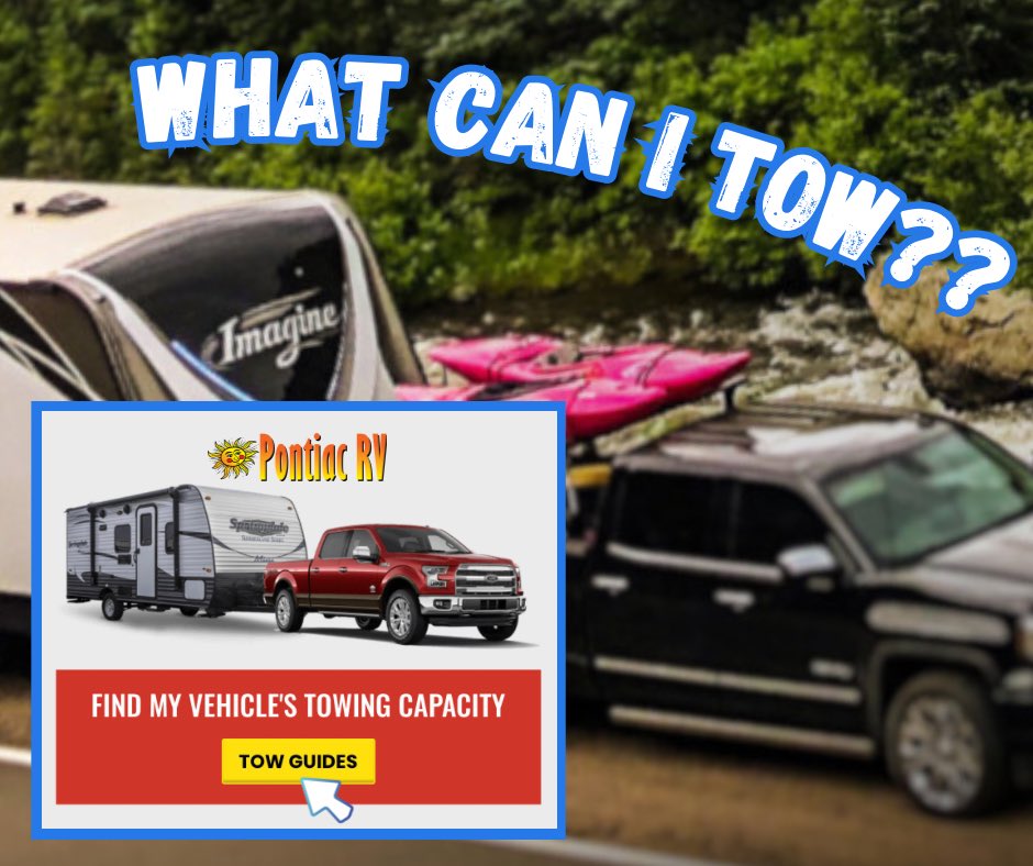 PontiacRV's tweet photo. One of the most popular questions we get… “What can I tow with my current vehicle?” Check out our tow guide tool on our website to see what kind of RV you can tow! #gorving #rvlife #pontiacrv https://t.co/qrLdlA1hU5