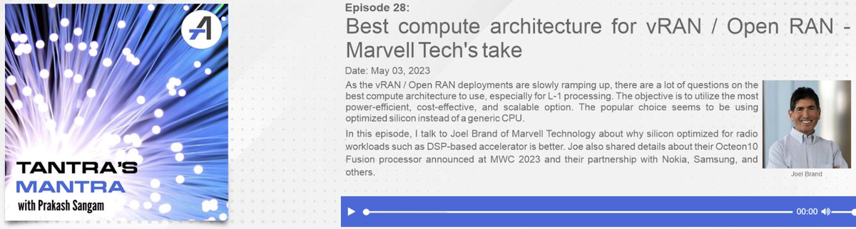 MyTechMusings's tweet photo. Latest episode of our #TantrasMantra #podcast is out

https://t.co/sFdlANyUqe

Discussing best #compute architecture for #vRAN / #OpenRAN, &amp; why with Joel of @MarvellTech. Also, collaboration with @nokia &amp; @SamsungNetworks 

$mrvl $nok $ssnlf #oran @TelecomInfraP @PCarson123 https://t.co/yxHM77AenP