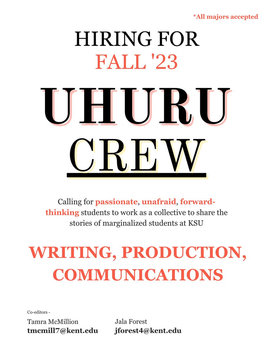 UHURU Magazine (@uhurumag) on Twitter photo RUN don't walk to apply to be a part of the fall '23 Uhuru Crew
Join a community of creatives that will amplify the voices of the marginalized students at <a href="/KentState/">Kent State</a> with our fall '23 issue of Uhuru magazine.
docs.google.com/forms/d/e/1FAI… RUN don't walk to apply to be a part of the fall '23 Uhuru Crew
Join a community of creatives that will amplify the voices of the marginalized students at <a href="/KentState/">Kent State</a> with our fall '23 issue of Uhuru magazine.
docs.google.com/forms/d/e/1FAI…