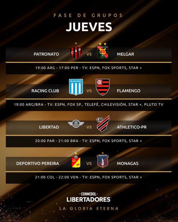 CalcioArg's tweet photo. Ultima notte di Copas ✨
#Libertadores 📺 MolaTv
🇦🇷#Racing 🆚 Flamengo🇧🇷
⏰00:00
🇦🇷#Patronato 🆚 Melgar🇵🇪
⏰00:00
——
#Sudamericana 📺 MolaTv
🇦🇷#Gimnasia 🆚 Goias🇧🇷
⏰00:00
🇦🇷#DefensaYJ 🆚 Peñarol🇺🇾
⏰02:00 https://t.co/DTkcIVwr3r