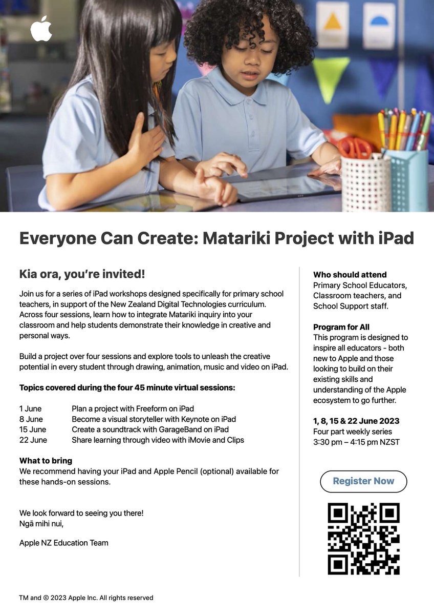 MandyNZ's tweet image. Great opportunity for NZ Kaiako! Get inspired with Apple’s Everyone Can Create: Matariki Project with iPad. Over 4 sessions, learn new ways to engage tamariki and foster creativity through drawing, animation, music and video on iPad. Register today: apple.co/matariki