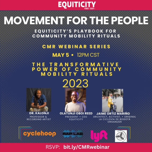 Join us for the “Movement for the People” webinar series starting this Friday! 🌎 Throughout May, we'll be discussing <a href="/equiticity/">Equiticity</a>'s Playbook for Community Mobility Rituals with global panelists leading the charge in their communities. 🚲 🙌🏼

#Divvy #DivvyBikes #BikeCHI #Chicago