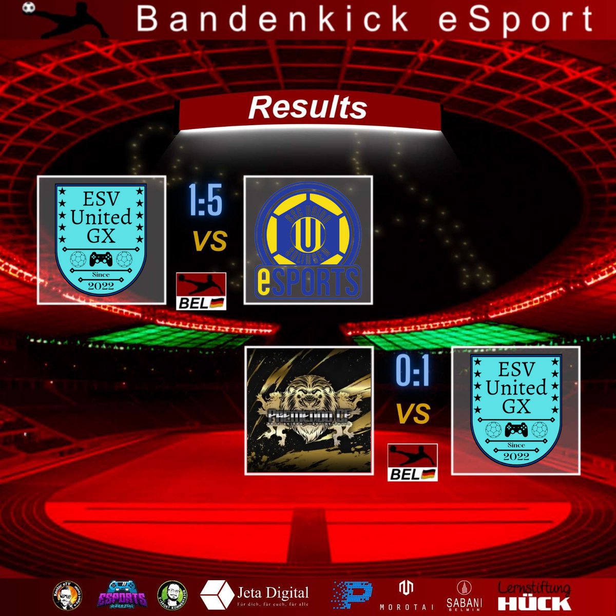 Die Ergebnisse von Spieltag 15+16 der <a href="/bandenkick/">Bandenkick</a> Liga!

<a href="/lernstiftung/">Lernstiftung Hück</a> 
<a href="/MagazineClubs/">eSports Magazine Pro</a>