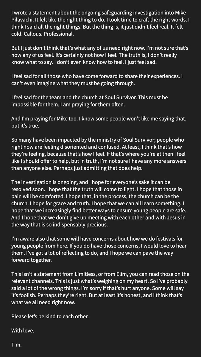 RevTimAlford's tweet photo. Regarding the Mike Pilavachi investigations, my heart has been very heavy these last days. I feel just so sad for everyone that has been impacted. I’m praying for peace, comfort, grace &amp; truth… https://t.co/O74BJVRDKw